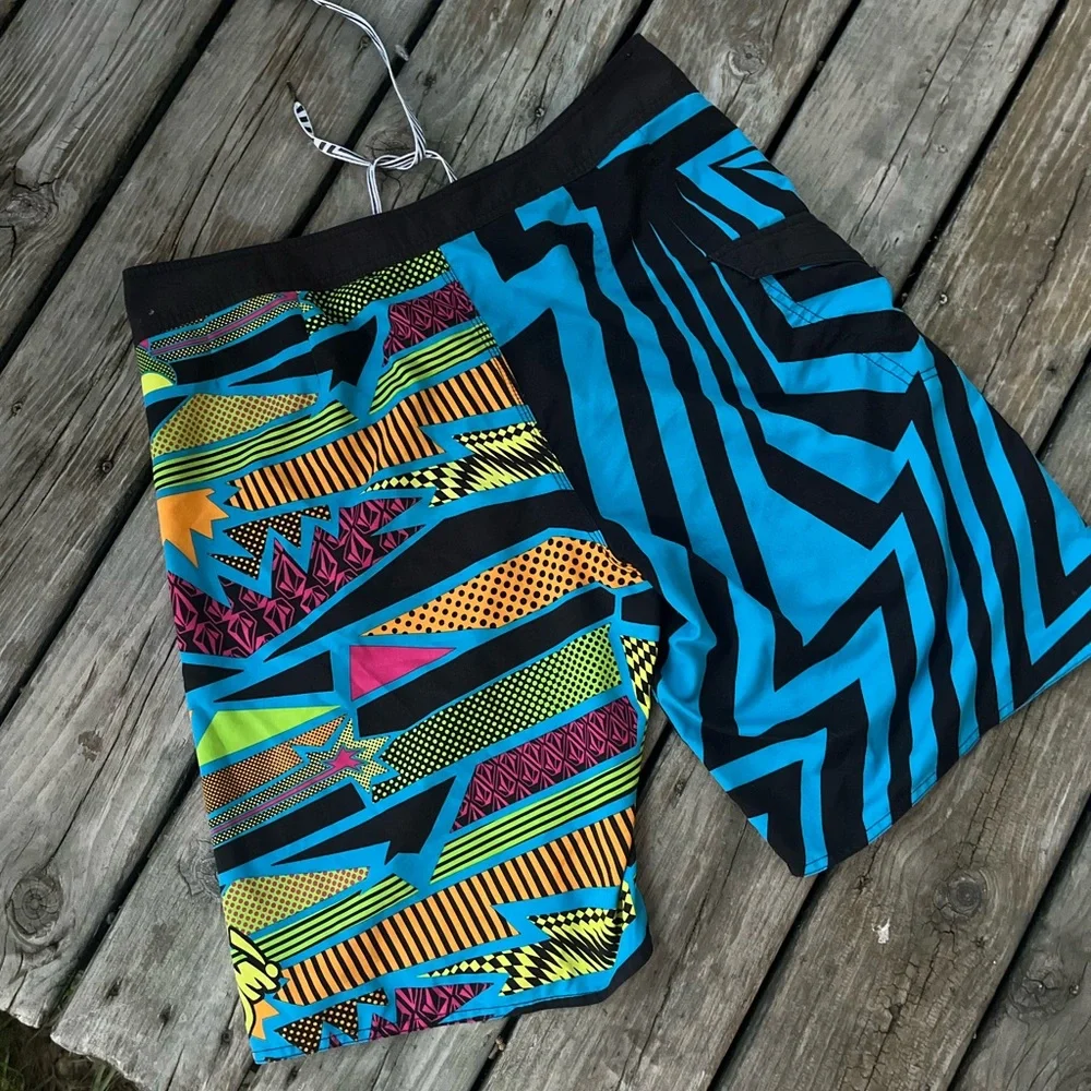 Men's Volcom Swim Trunks Vibrant Blue & Neons Multi-Print Board Shorts Large